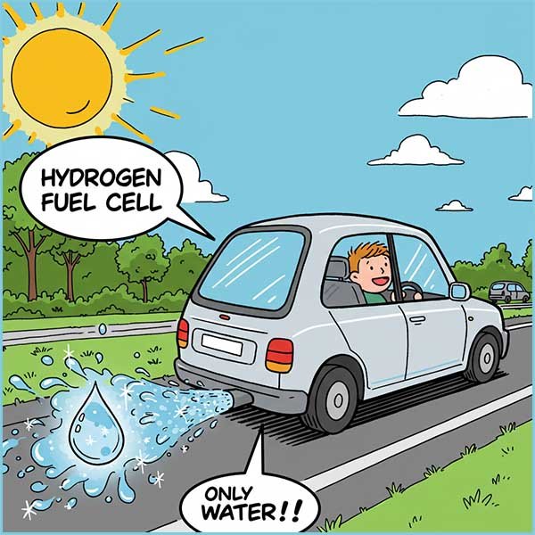 Image showing that water is the only waste product or pollutant produced by a car using a hydrogen oxygen fuel cell